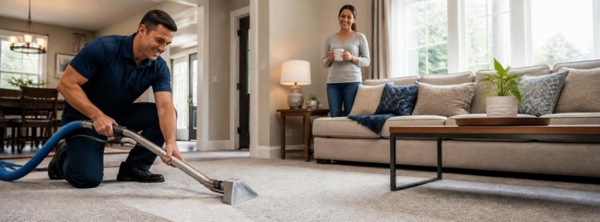 Chem Dry franchise carpet cleaning technician working on a living room carpet while the homeowner looks on