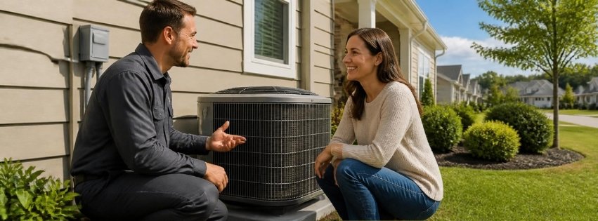 HVAC technician talking with a homeowner beside an outdoor air conditioner after a service call