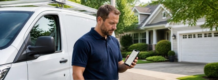 Kansas City home service contractor checking a Google Business Profile map listing on a phone beside a work van