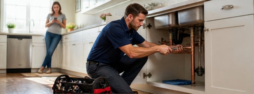 Kansas City plumber checking a pipe fitting under a kitchen sink while the homeowner looks on