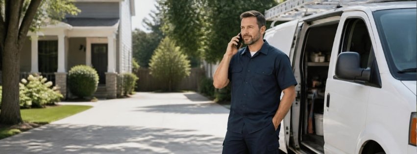 Plumber taking an emergency call from a homeowner beside a work van